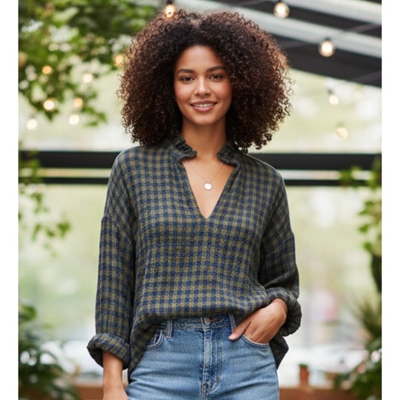 A Shirt Thing Tops - A Shirt Thing Penelope Gingham Blue‎ Green Check Blouse Top Ruffle Collar